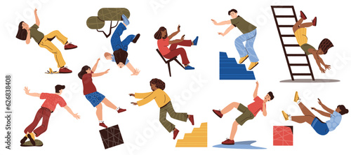 People slipping and falling. Cartoon characters stumble and fall down, accident risk warning and caution sign. Vector isolated set