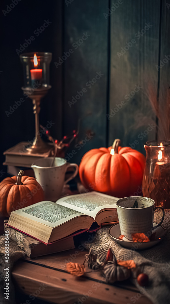 Cozy still life with books, pumpkins and a candle, generative AI.