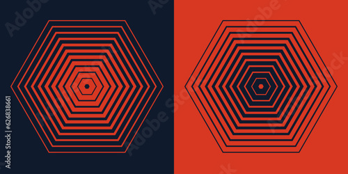 Abstract concentric, hypnotic hexagon elements isolated on a background. Color halftone polygon pattern. Edgy line pattern concept for radio, sonar, or wave. Geometric centric vector illustration