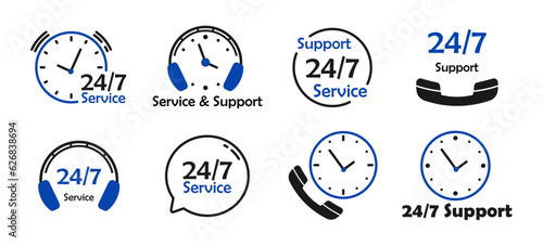 Support service badge with clock, phone, headphones icons. Set of support service symbol