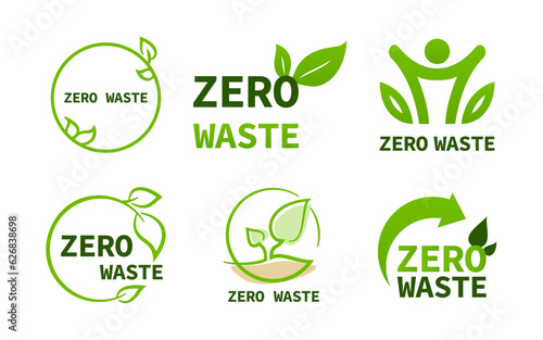 Zero waste green logo collection. Set of green zero waste badges with leaf, arrow, man icons. Vector zero waste