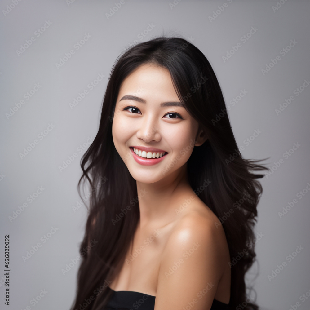 A young and beautiful Asian girl lights up the frame with her enchanting smile, dressed in a crisp white vest, set against a clean and immaculate white background. generative AI. A young and beautiful Asian girl lights up the frame with her enchanting smile, dressed in a crisp white vest, set against a clean and immaculate white background. generative AI.