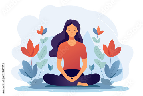 Woman sitting with a flower illustration in the background, good mental health yoga lifestyle and selfcare vector
