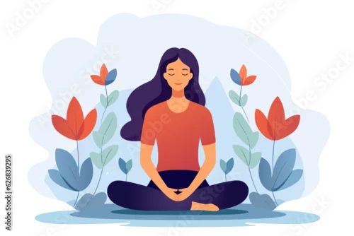 Fototapeta na wymiar Woman sitting with a flower illustration in the background, good mental health yoga lifestyle and selfcare vector