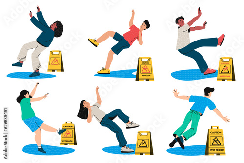 People slip on wet floor. Yellow caution sign, fall down accident, health hazard and danger. Vector man and woman stumble down on wet surface