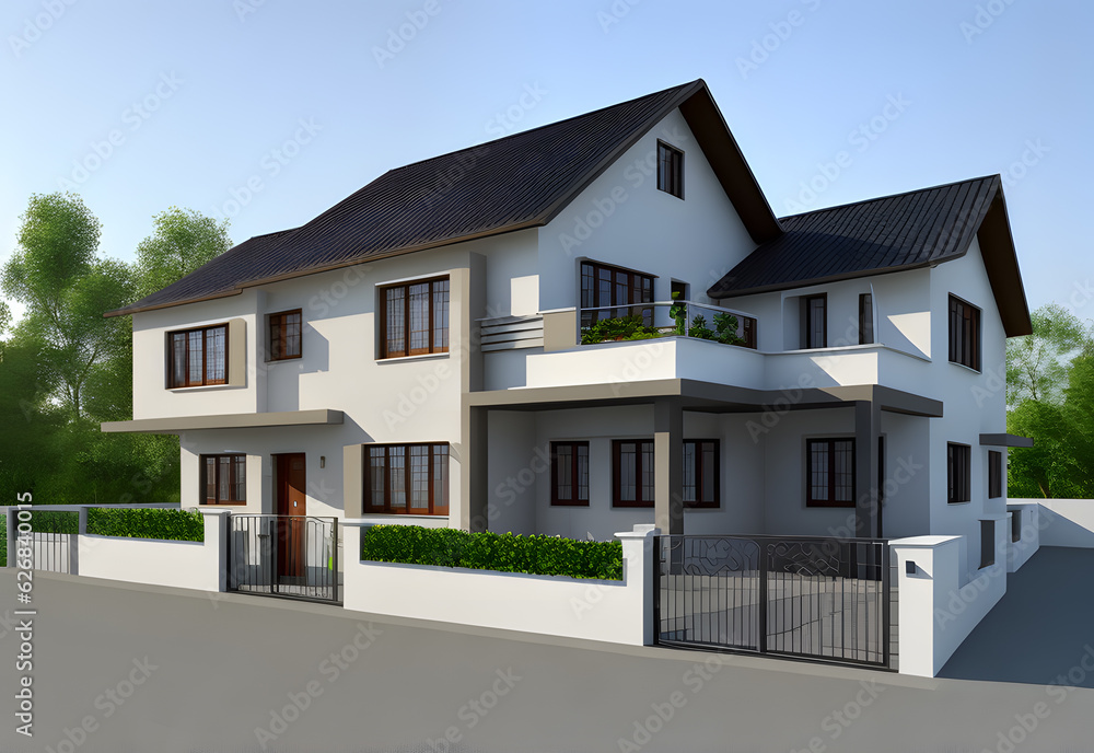 Realistic minimalist modern house 3d illustration display. Mock-up house. Multi-storey house