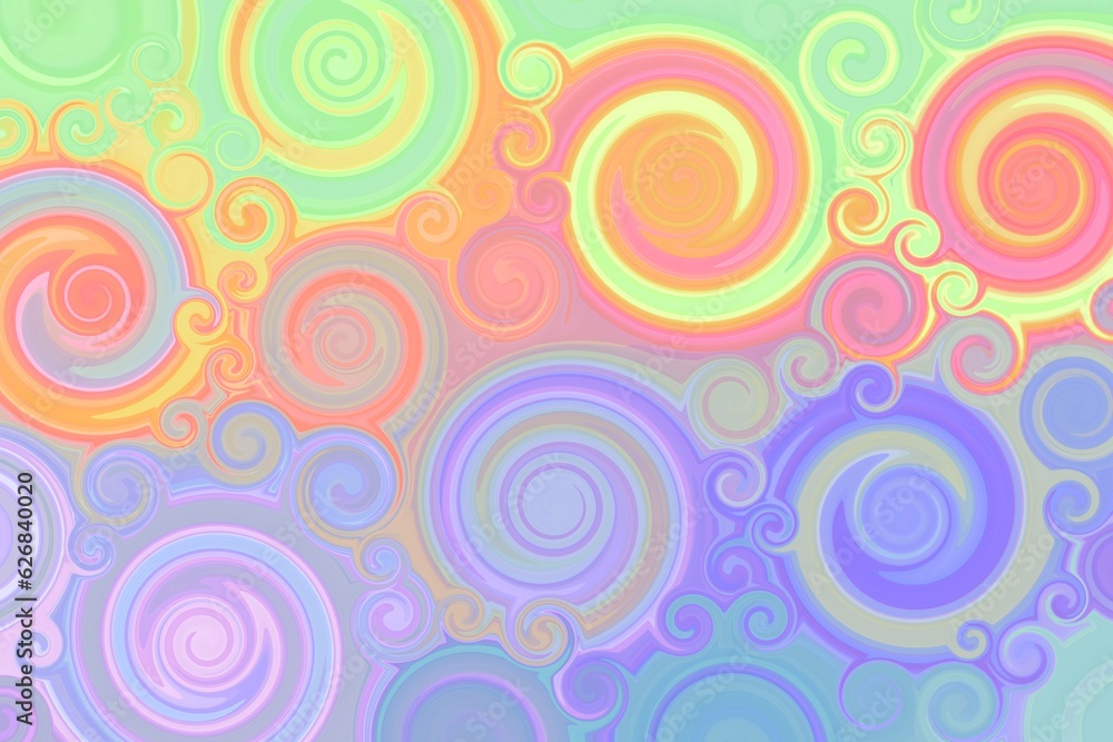 Ornamental background, spiral pattern, multicolour blending, mix of red, green, orange, blue, yellow, pink and purple, pastel colour tones