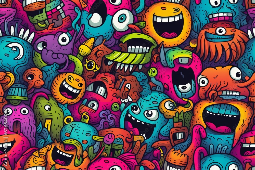 Whimsical doodle monsters frolic in a pattern, Generative AI