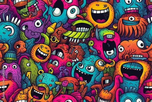 Whimsical doodle monsters frolic in a pattern  Generative AI