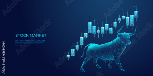 Japanese Bull and candlesticks on a technology blue background. Stock market exchange or financial technology concept. Low poly wireframe vector illustration. Polygonal bull with futuristic elements.