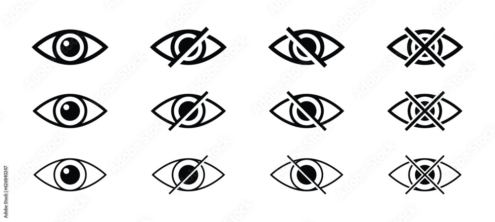 Minimalistic eye icon set. See and unsee sign for web. Show and hide password icons for web. Outline eyes symbols.