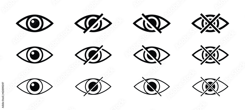 Minimalistic eye icon set. See and unsee sign for web. Show and hide password icons for web. Outline eyes symbols. Minimalistic eye icon set. See and unsee sign for web. Show and hide password icons for web. Outline eyes symbols.