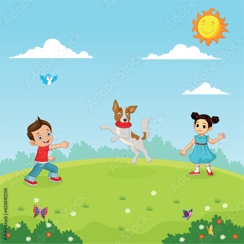 Cartoon Kids playing with Dog in the Garden