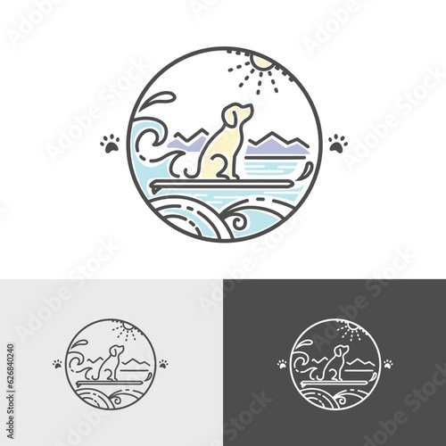 Dog logo design with sea, mountains, surfing board and waves, animal sports symbol, vector illustration