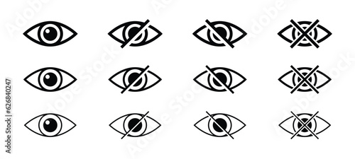 Minimalistic eye icon set. See and unsee sign for web. Show and hide password icons for web. Outline eyes symbols.