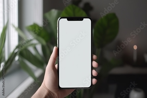 Close-up, hand holding smartphone with empty screen mockup and home plants in background