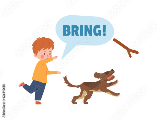Child commands his dog to bring stick flat cartoon vector illustration isolated.