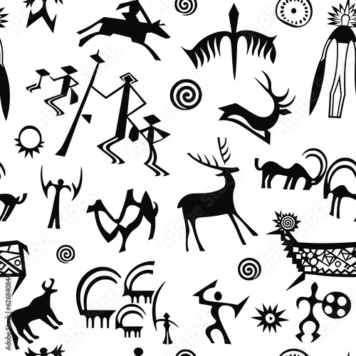 A series of petroglyphs, cave drawings, vector design, seamless pattern