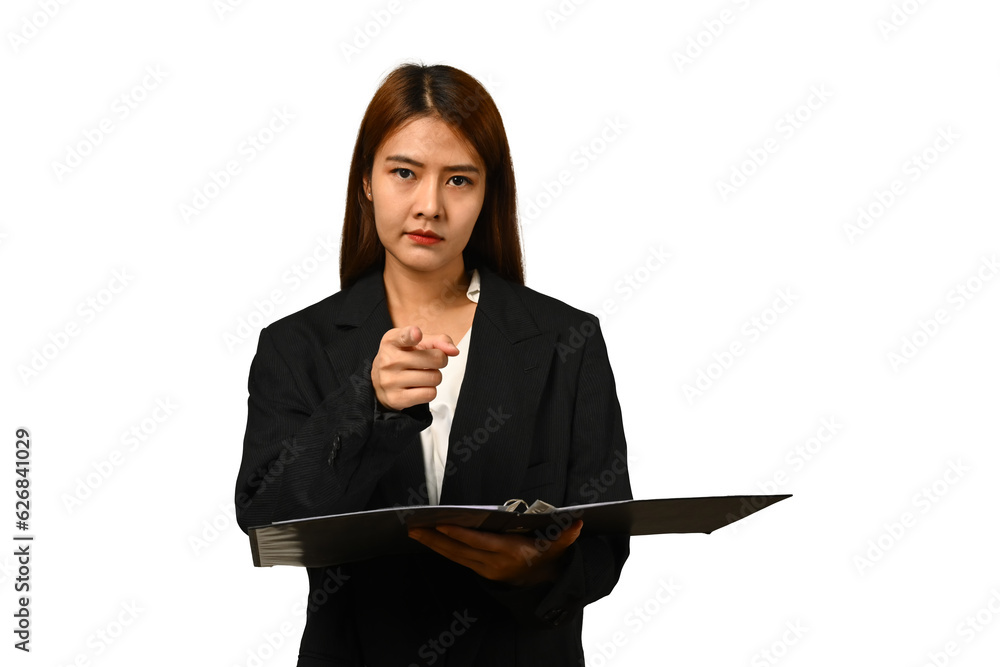 Strict serious businesswoman wearing black suit holding binder and pointing finger at camera