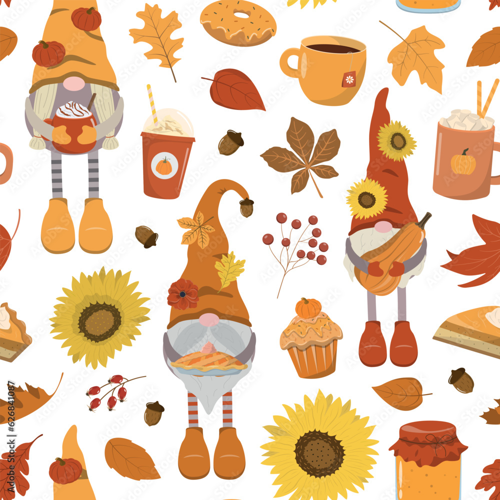 Autumn harvest seamless pattern with cartoon gnomes, pumpkins, cakes, hot drinks, dry leaves Isolated on white background. Cute fall festival design for wallpaper, wrapping, digital paper.