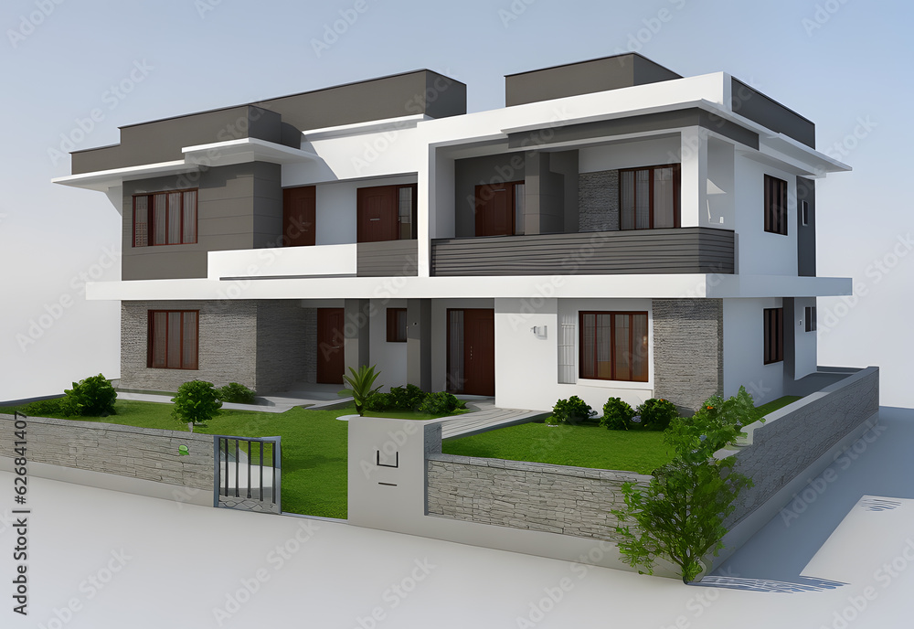 Realistic minimalist modern house 3d illustration display. Mock-up house. Multi-storey house