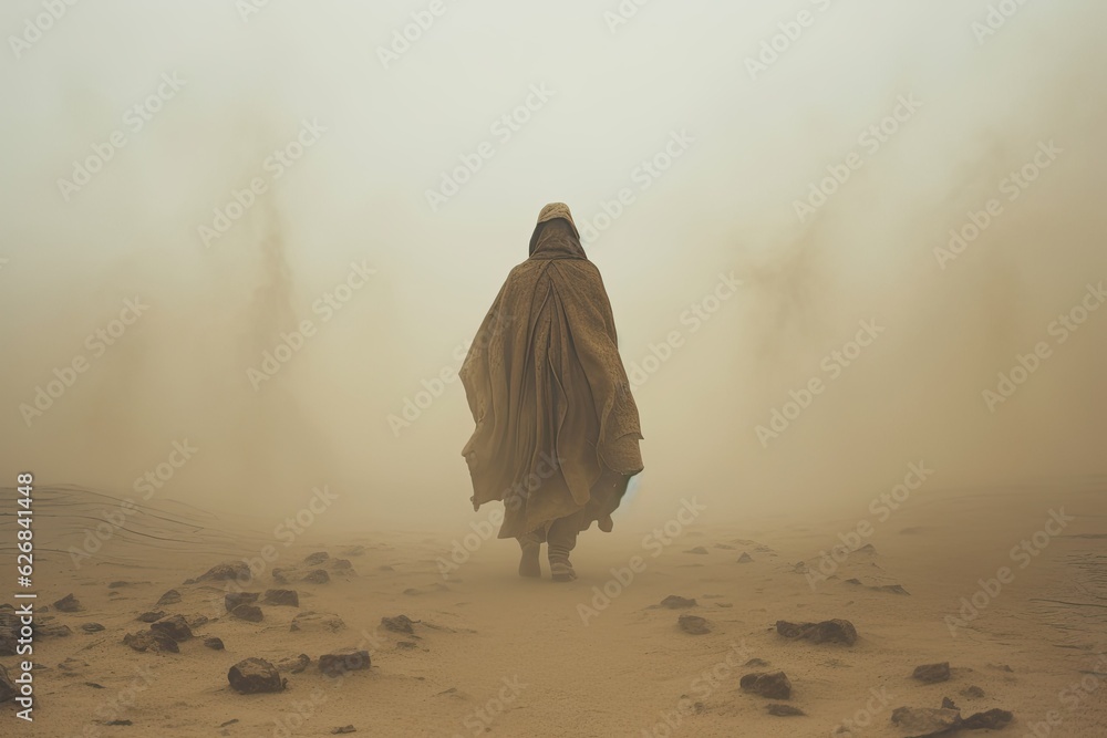 mysterious figure in striking cloak walking through sandstorm in desolate desert - obrazy, fototapety, plakaty 