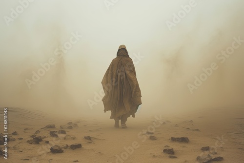 mysterious figure in striking cloak walking through sandstorm in desolate desert