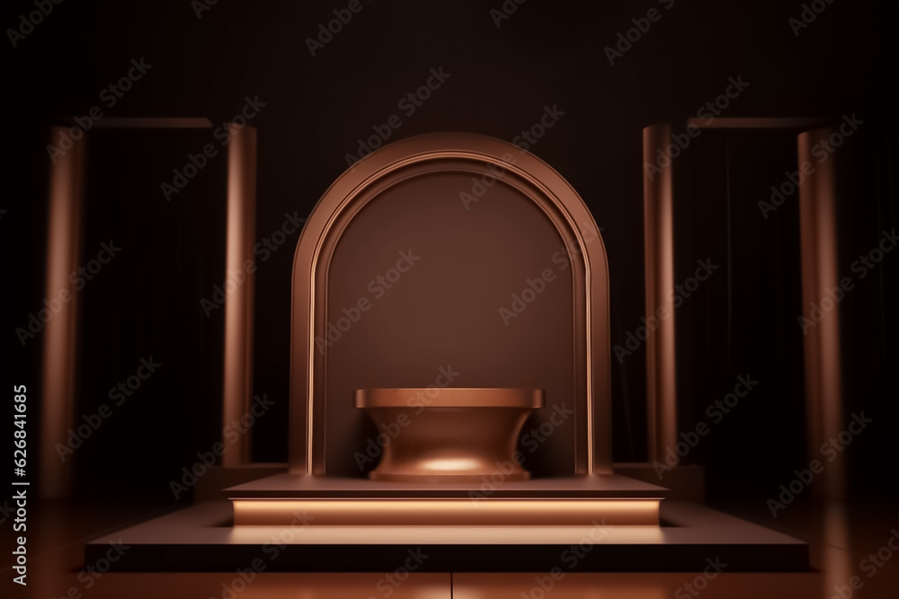 Brown and Bronze color Display mock up 3D luxury stage with LED light and simple shape decoration around it. generative AI Brown and Bronze color Display mock up 3D luxury stage with LED light and simple shape decoration around it. generative AI