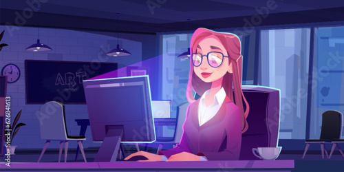 Young business woman working in office at night. Vector cartoon illustration of busy female character wearing eyeglasses and suit typing on desktop computer. Company employee working overtime