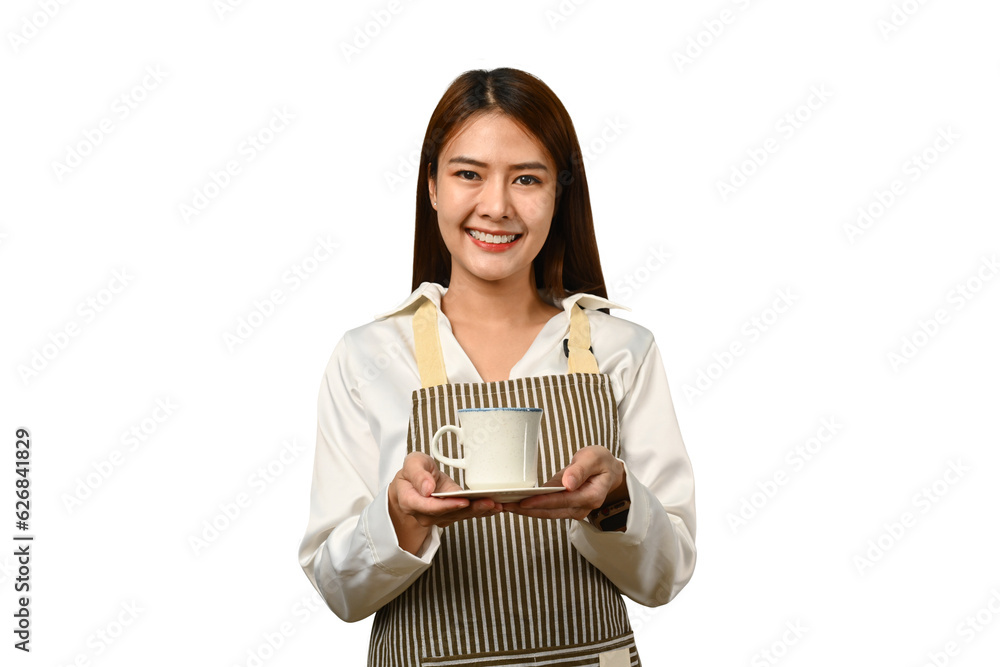 Beautiful young woman wearing apron holding coffee cup isolated over white background. Small business startup concept Beautiful young woman wearing apron holding coffee cup isolated over white background. Small business startup concept