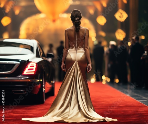 Stylish Woman in Sexy Evening Dress Arriving to Award Ceremony Walking Red Carpet. Woman in a Luxurious Dress on a Red Carpet. Blurred Background with a Copy Space. Made With Generative AI.