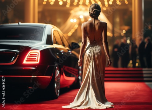 Stylish Woman in Sexy Evening Dress Arriving to Award Ceremony Walking Red Carpet. Woman in a Luxurious Dress on a Red Carpet. Blurred Background with a Copy Space. Made With Generative AI.