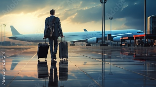 Businessman walking with luggage at airport with generative ai