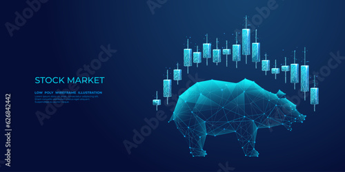 Japanese candlesticks and bear on a technology blue background. Stock market exchange or financial technology concept. Low poly wireframe vector illustration. Polygonal bear with futuristic elements.