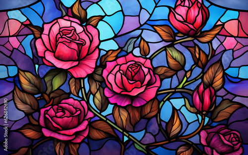 Colorful floral background with roses. Stained glass window. Generative AI technology