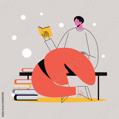 Young girl, man sitting reading book vector flat illustration. Geometric, shapes, line, simple color person character design.