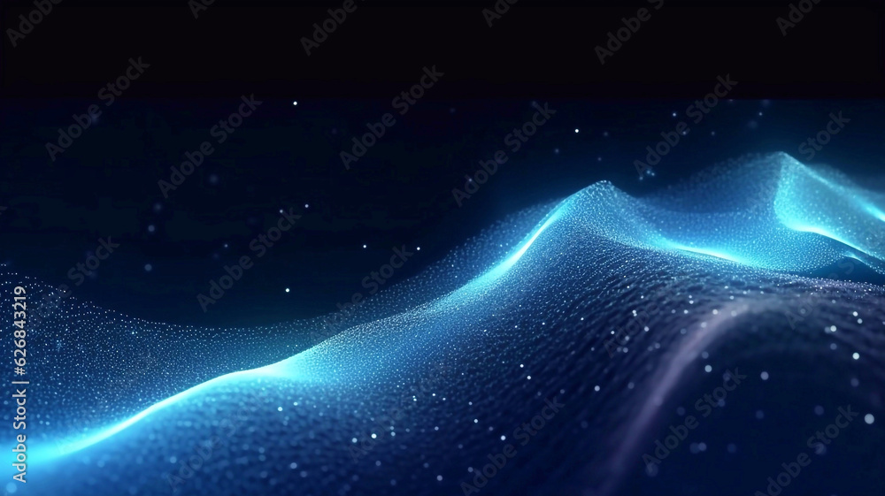 Abstract blue wave with glowing particles on dark background Abstract blue wave with glowing particles on dark background