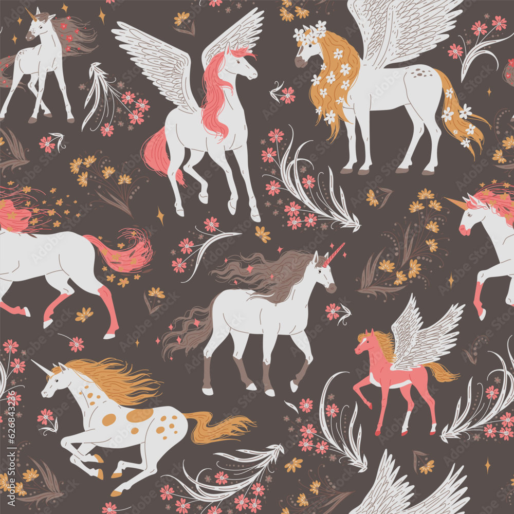 Fantastic fairy horses, unicorns and pegasus, seamless pattern - cartoon flat vector illustration.