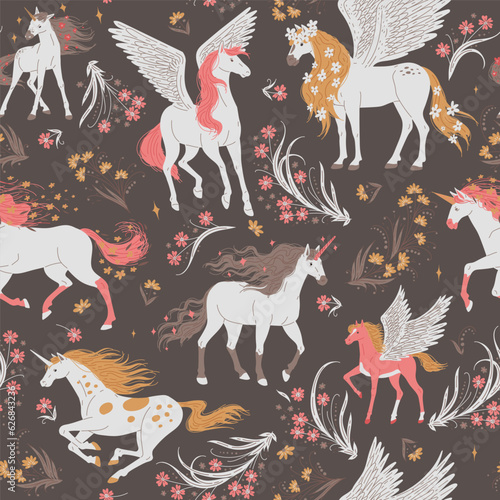 Fantastic fairy horses  unicorns and pegasus  seamless pattern - cartoon flat vector illustration.
