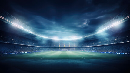 Stadium lights against dark night sky background. Soccer match lights. AI