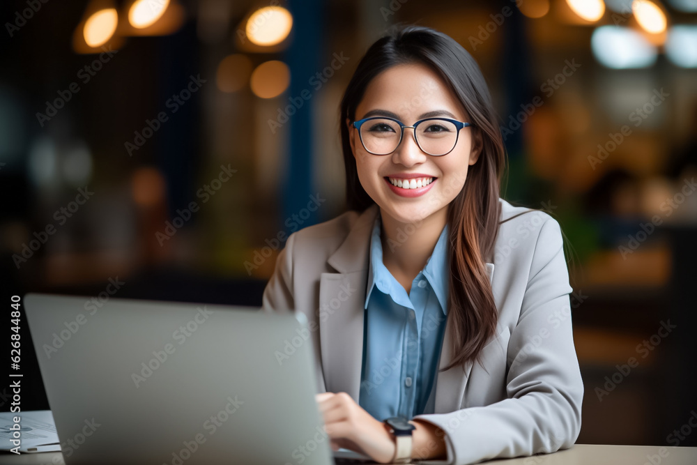 Smart Asian woman with stylish eyeglasses works in a busy office, smiling at the camera amid a blurred background. generative AI. Smart Asian woman with stylish eyeglasses works in a busy office, smiling at the camera amid a blurred background. generative AI.