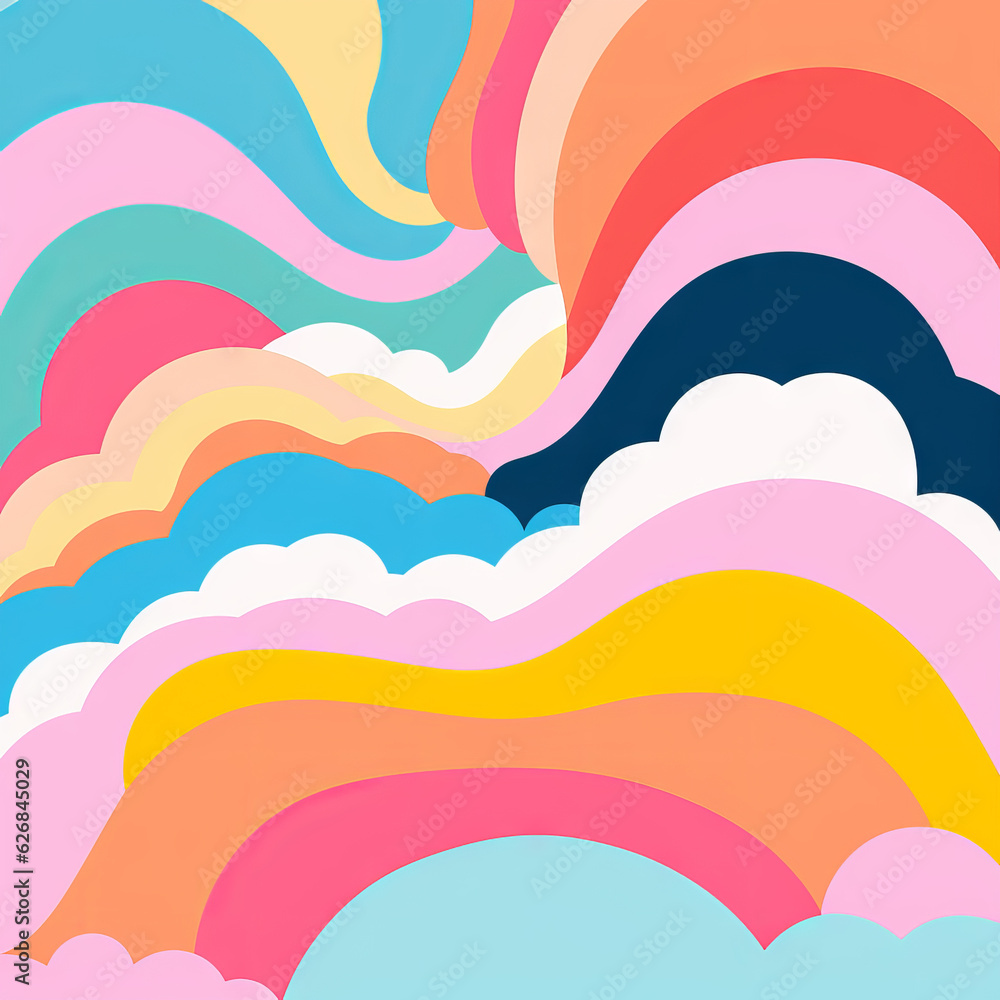Rainbow and clouds. Colorful pop art illustration. 