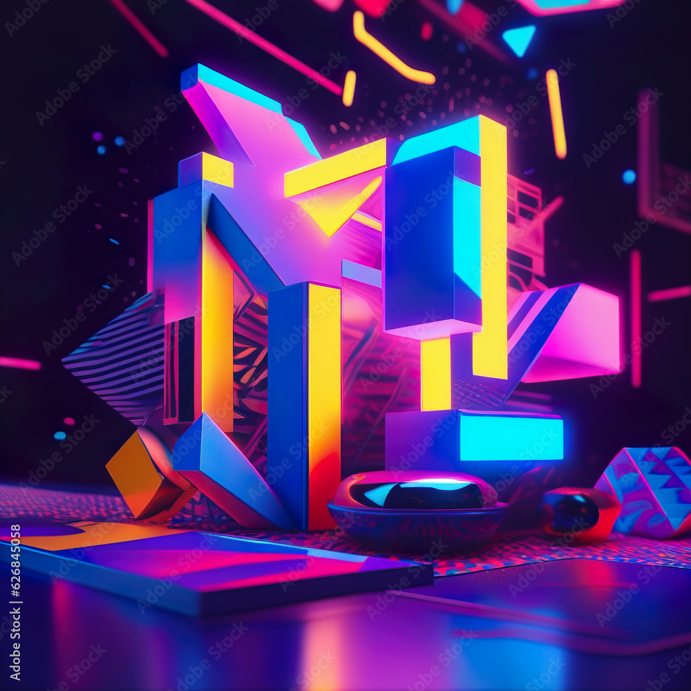 3D Abstract retro futuristic composition of various shapes in Memphis style. Geometric Bright and colorful wallpaper with 80s aesthetic.