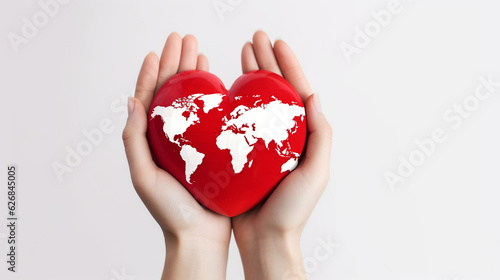 World heart day concept of young woman hand holding red heart with world map on white background