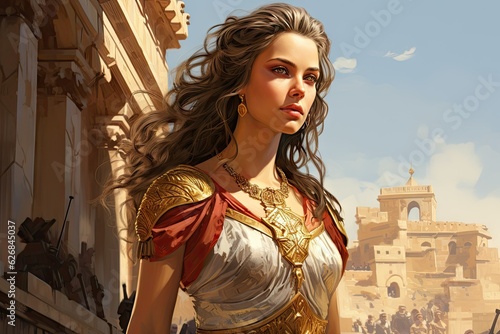 Helen of Troy the most beautiful woman in the world from Homer’s epic the Iliad standing on the Troy’s city walls overlooking the city.   photo