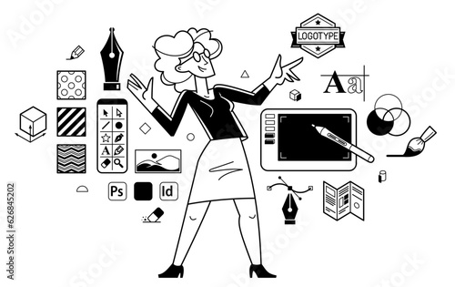 Graphic designer doing some creative job using computer software, digital visual artist working on a project vector outline illustration, composing and editing.