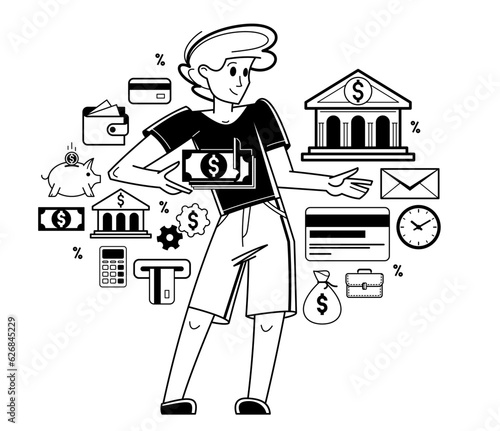 Banking vector outline illustration, manager working with finances or customer manages his account with deposit or credit, personal savings.