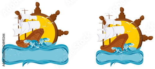 Vector icon of the ship with the wooden steering wheel. There is some space for text in the water. 