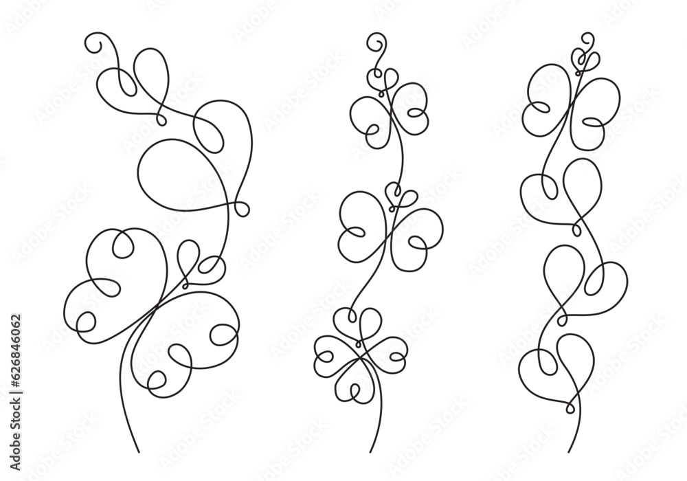 Butterflies, hearts, flowers, four leaf clover and vines stylized as a vertical border. Nice design element for Valentines card, invitation, wedding decoration or other use. Vector illustration. Set.