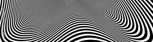 Op art distorted perspective black and white lines in 3D motion abstract vector background, optical illusion insane linear pattern, artistic psychedelic illustration.